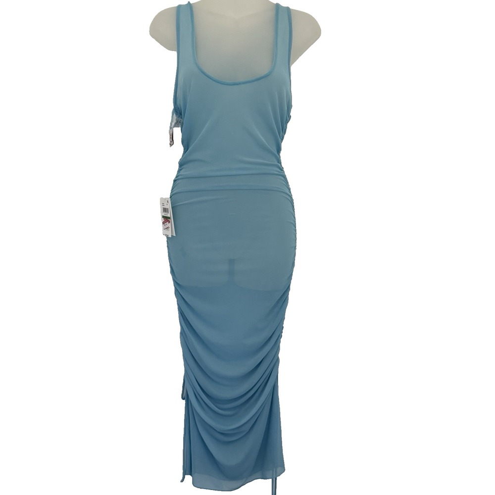 BECCA Rebecca Virtue Womens Blue Shirred Ruched Mesh Swimsuit Cover Up Dress L